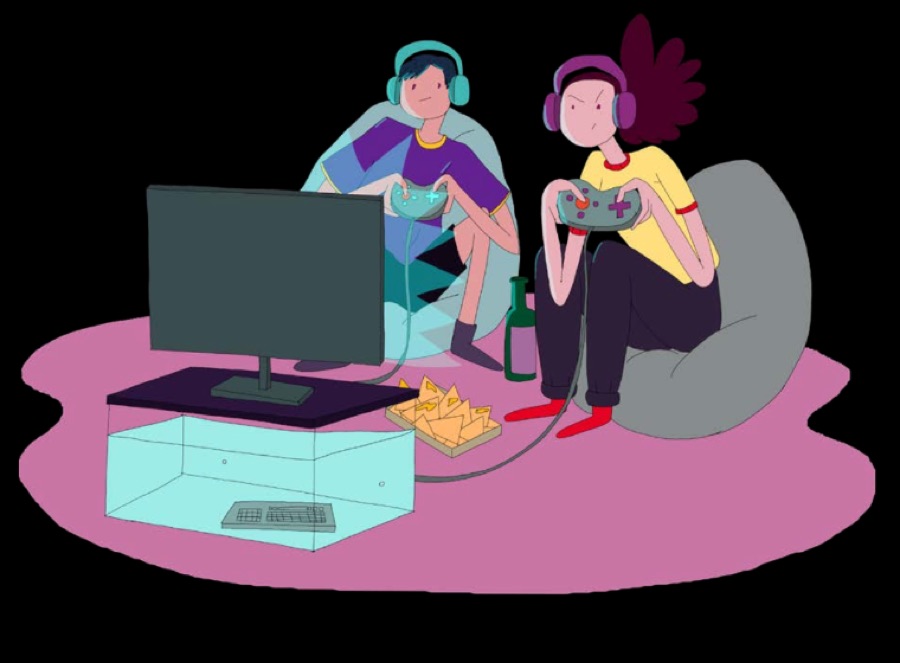 Illustration of two people playing video games